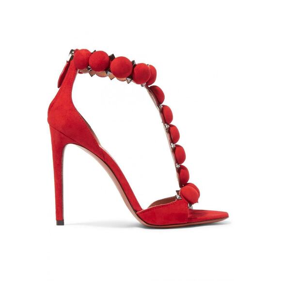 Alaia Bombe 110m Red Grenadine Suede Ankle T Strap Studded Sandal Heel Pump 36.5 - Picture 2 of 8